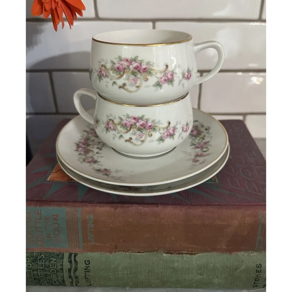 Vintage Selb Paul Mueller Set Of 2 Tea Cups & Saucers Gold Trim Pink Roses